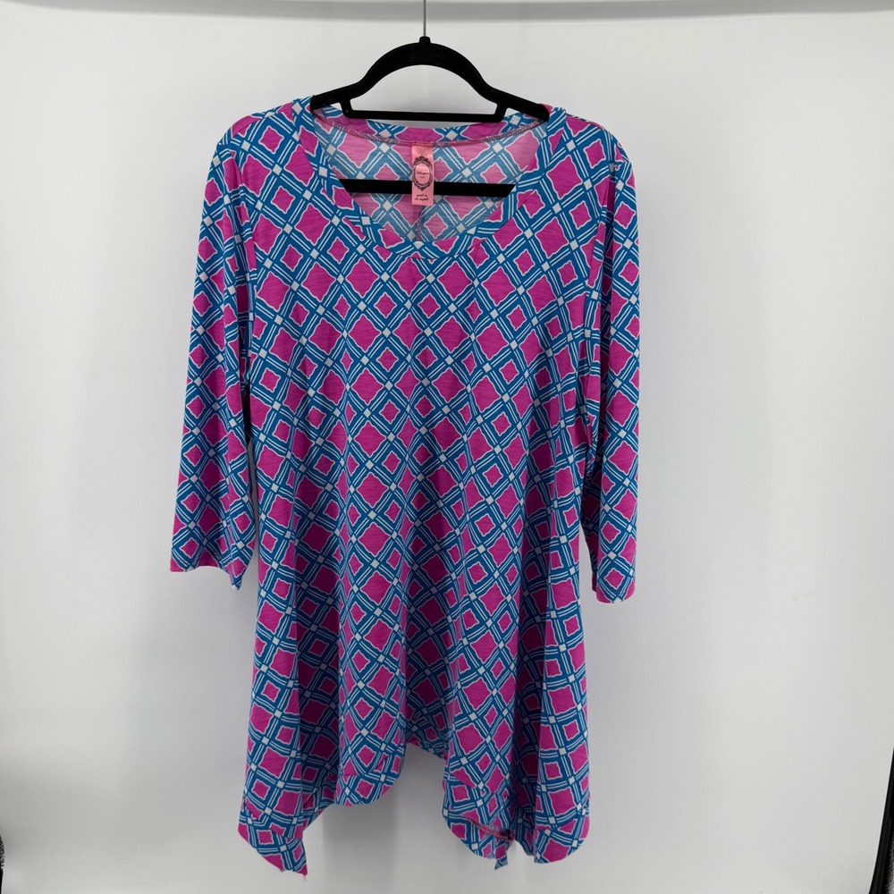 Honeyme Curvy Pink Blue Geometric Sharkbite Tunic Top V-Neck 3/4 Sleeve XL PAULA - Picture 5 of 7